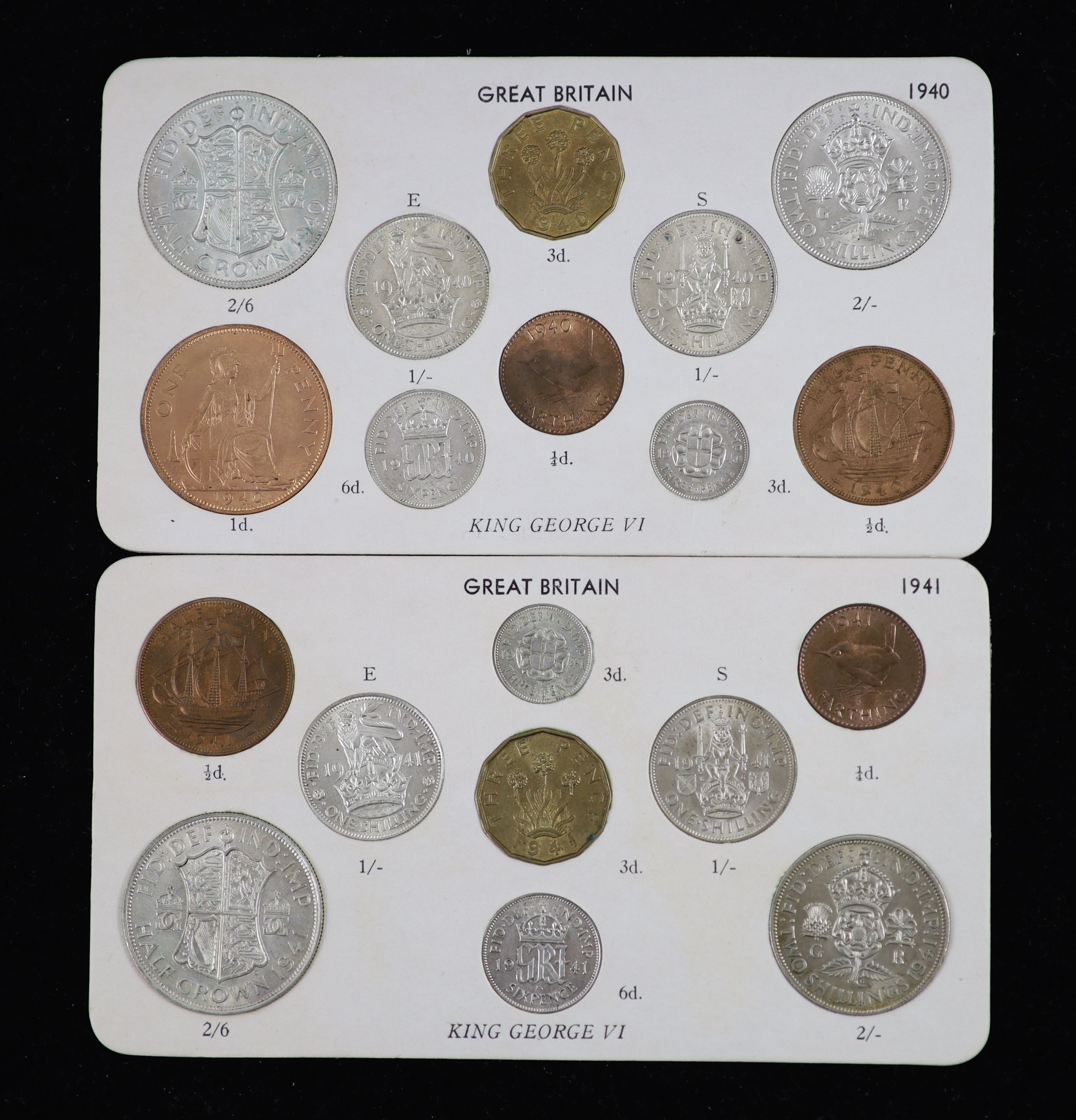 George VI specimen coin sets for 1938, 1939, 1940, 1941, 1942 and 1943, first coinage, the majority about EF or better